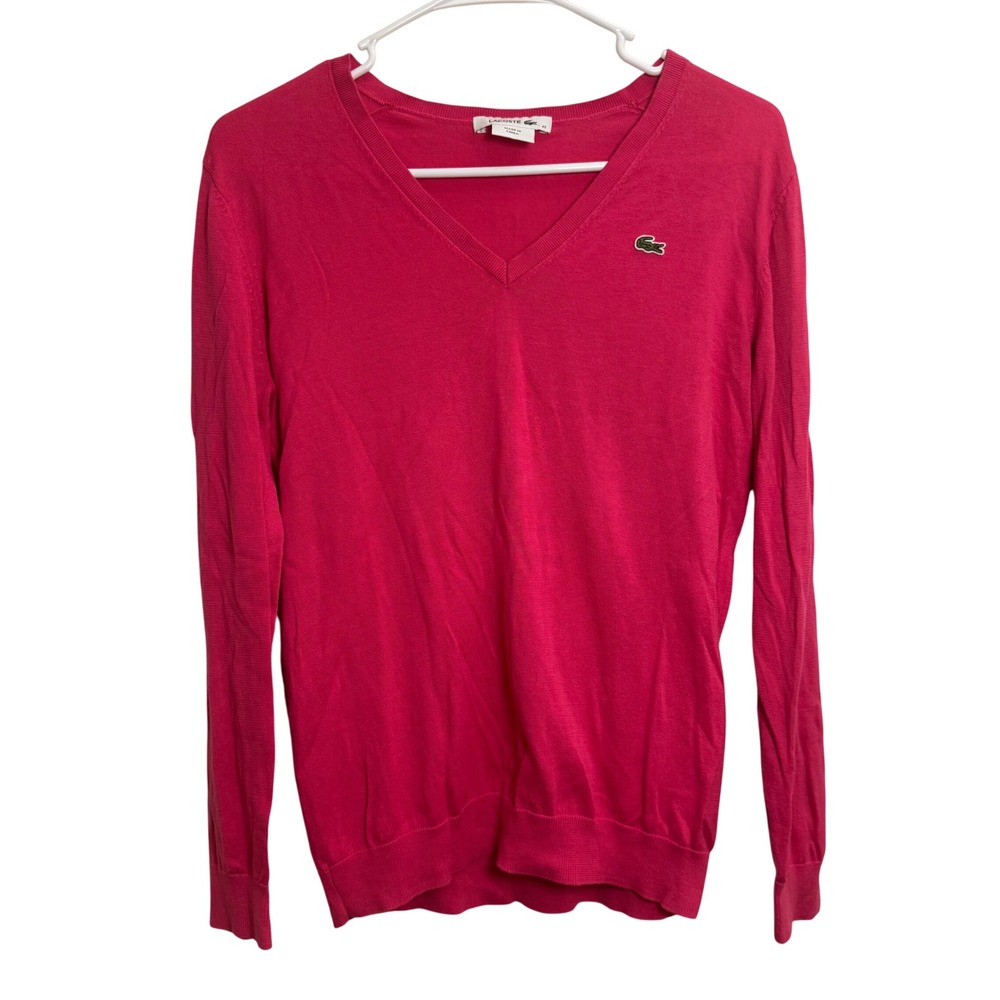 Lacoste Womens Pink V-Neck Size 40/MEDIUM 100% Cotton Knit Sweater Logo